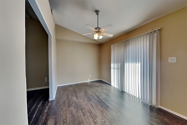 unfurnished room featuring dark hardwood / wood-style floors, ceiling fan, and lofted ceiling