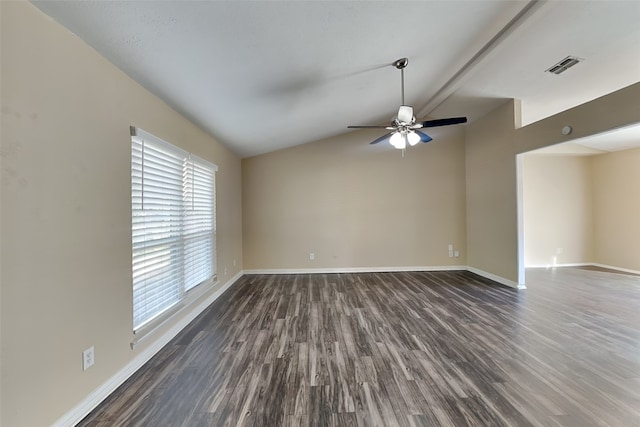 unfurnished room featuring ceiling fan, dark hardwood / wood-style flooring, and lofted ceiling