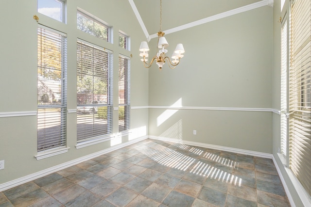 unfurnished dining area with lofted ceiling and a notable chandelier