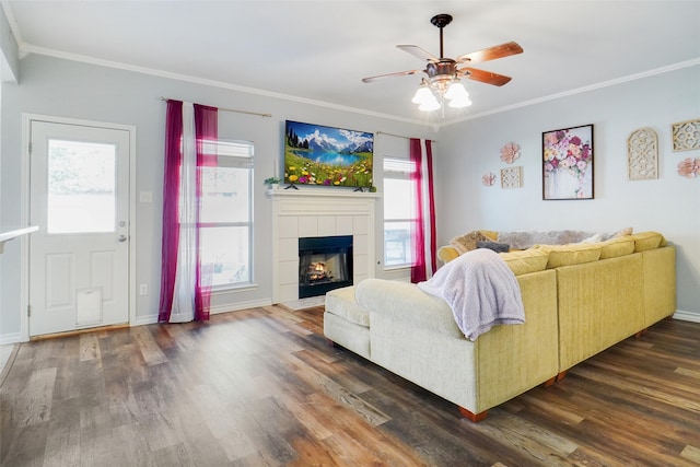 living room with plenty of natural light, dark hardwood / wood-style flooring, and a tile fireplace