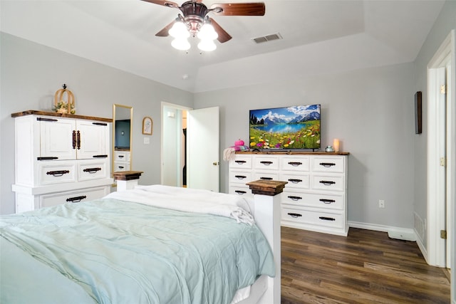 bedroom featuring ceiling fan and dark hardwood / wood-style flooring