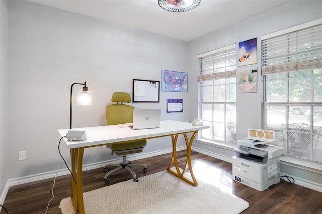 home office with dark hardwood / wood-style flooring