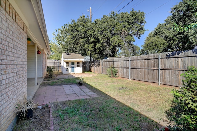 view of yard featuring a patio area and an outbuilding