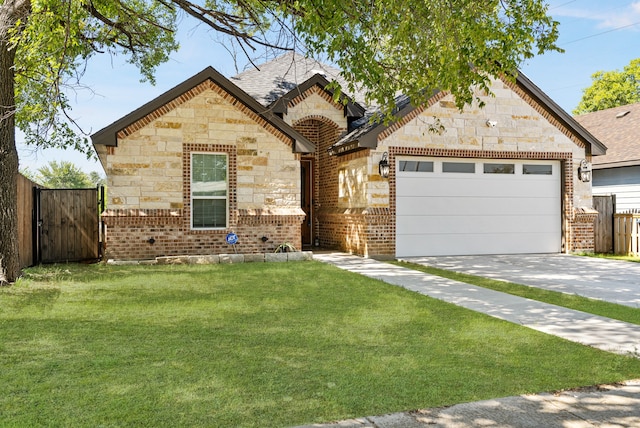 view of front of property with a front lawn and a garage