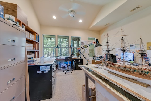 office area with ceiling fan, carpet, and vaulted ceiling