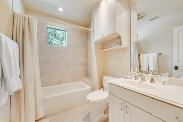 full bathroom with toilet, vanity, and shower / bathtub combination with curtain