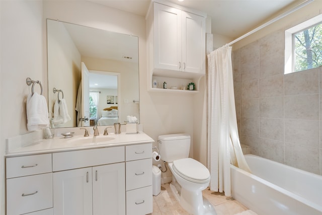 full bathroom with toilet, vanity, shower / bath combination with curtain, and tile patterned flooring