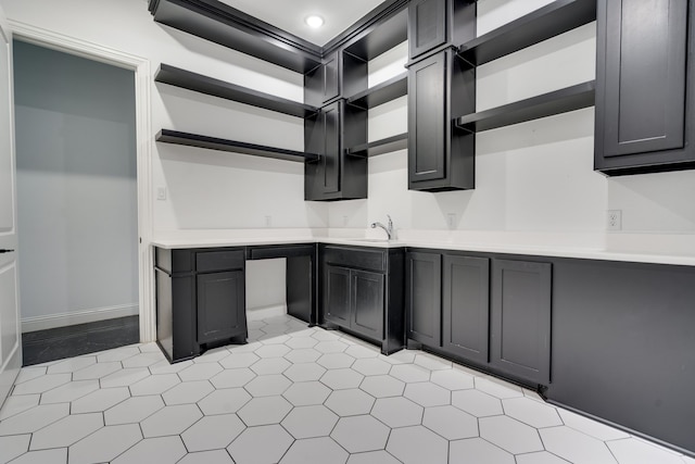 6709 Elderberry Way, Flower Mound, TX 76226 - kitchen featuring open shelves, light tile patterned floors, light countertops, and recessed lighting