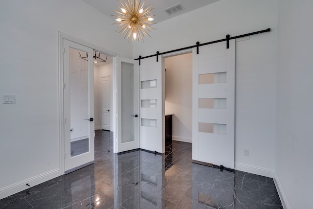6709 Elderberry Way, Flower Mound, TX 76226 - unfurnished bedroom with a barn door and a chandelier