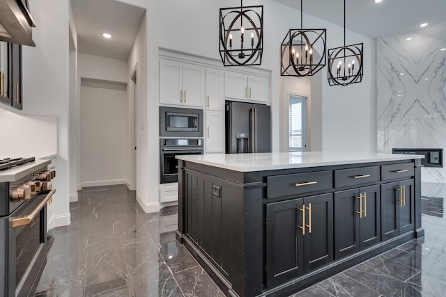 6709 Elderberry Way, Flower Mound, TX 76226 - kitchen featuring premium appliances, dark marble finish floors, a chandelier, white cabinetry, and exhaust hood