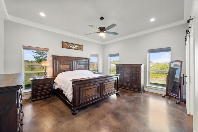 bedroom featuring ceiling fan, crown molding, and multiple windows