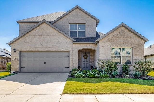 view of front of home featuring a garage and a front lawn