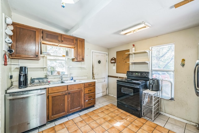 kitchen featuring black electric range, stainless steel dishwasher, a healthy amount of sunlight, and sink