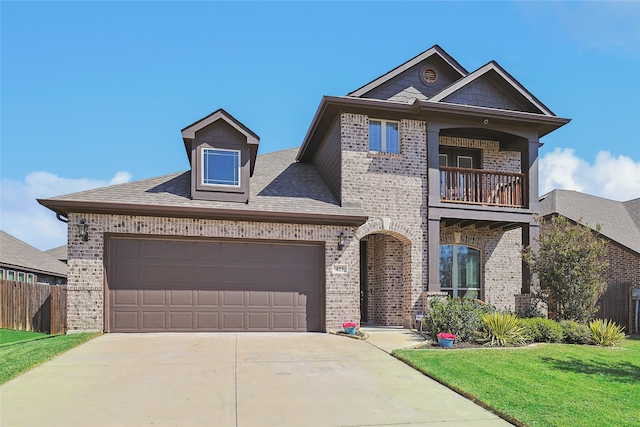 view of front of house with a balcony, a garage, and a front yard