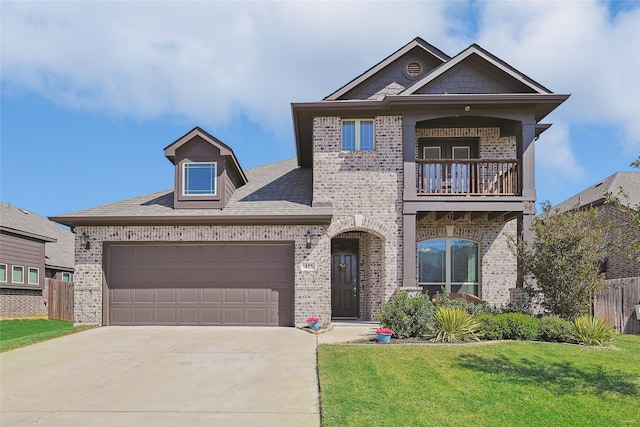 view of front of house with a garage, brick siding, a front yard, a balcony, and concrete driveway