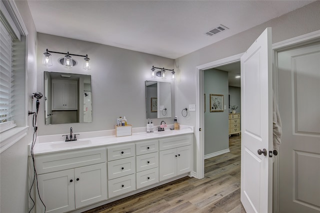 bathroom with hardwood / wood-style floors and vanity