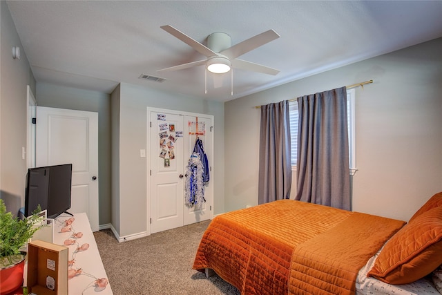 bedroom featuring ceiling fan and carpet floors