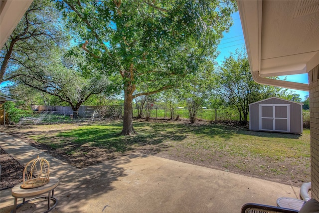 view of yard featuring a patio and a shed