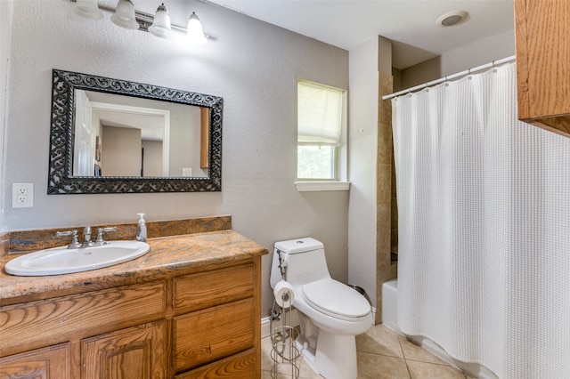 full bathroom featuring shower / bath combination with curtain, vanity, toilet, and tile patterned floors