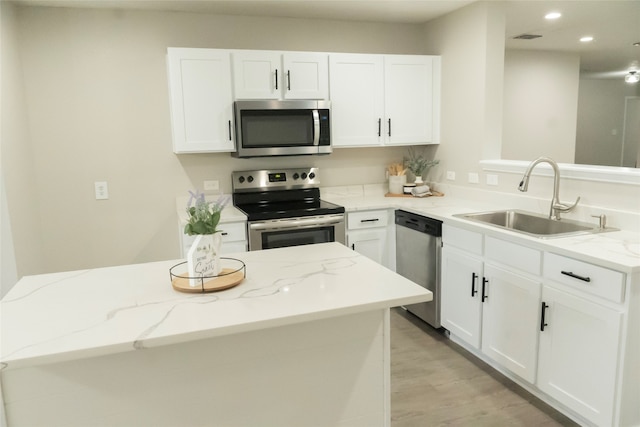 kitchen featuring appliances with stainless steel finishes, sink, and white cabinetry