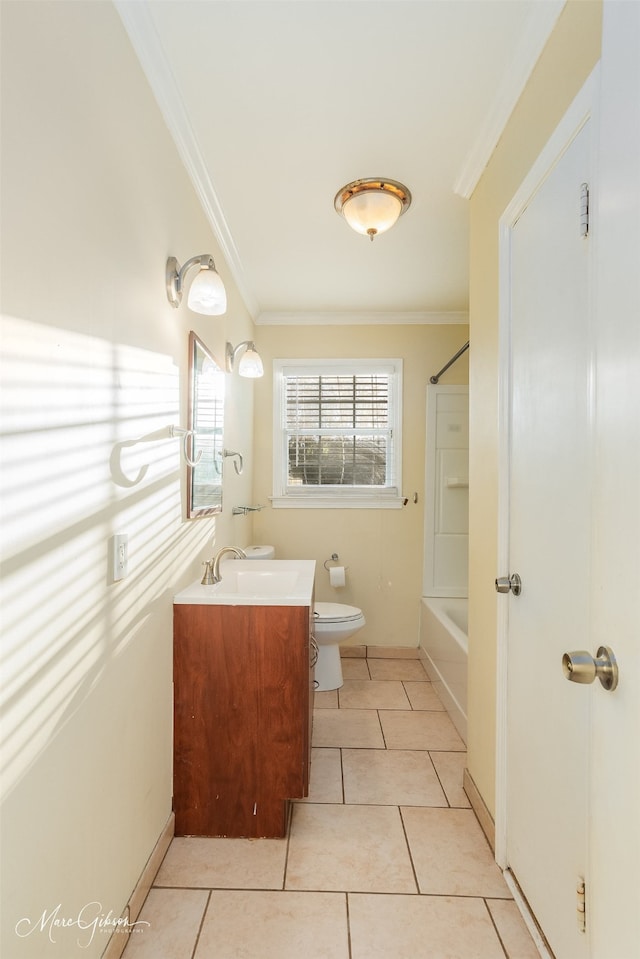 full bathroom featuring tile patterned flooring, tub / shower combination, crown molding, vanity, and toilet