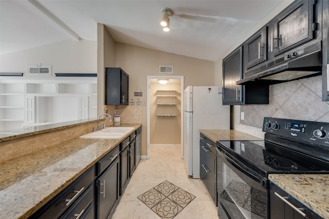 kitchen with lofted ceiling, backsplash, sink, electric range, and light stone countertops