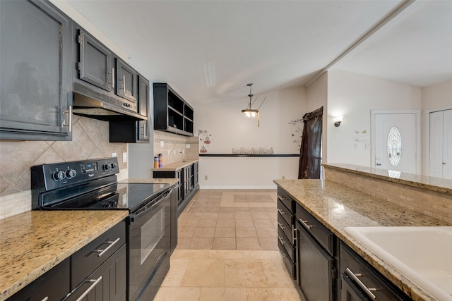 kitchen with vaulted ceiling, decorative backsplash, black / electric stove, decorative light fixtures, and light stone counters