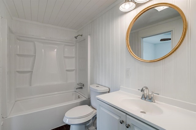 full bathroom featuring vanity, washtub / shower combination, crown molding, toilet, and wood ceiling