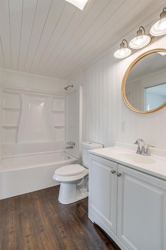 full bathroom featuring shower / bath combination, toilet, wood-type flooring, and wooden ceiling