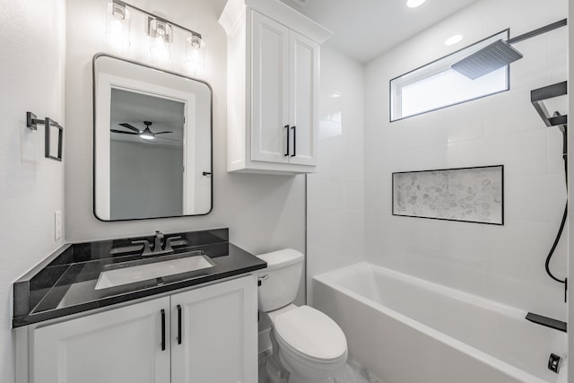 full bathroom with vanity, shower / tub combination, toilet, and ceiling fan