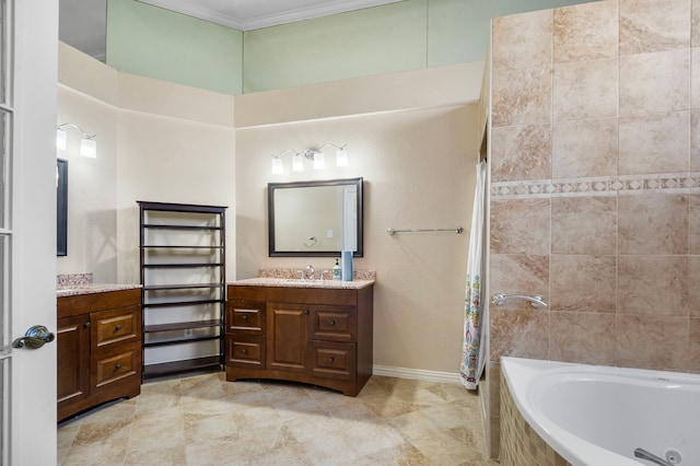 bathroom featuring ornamental molding, tile patterned floors, vanity, and separate shower and tub