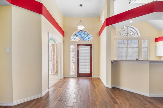 entrance foyer featuring crown molding, dark wood-type flooring, and a wealth of natural light