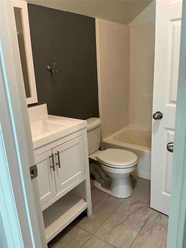 full bathroom with vanity, bathtub / shower combination, and toilet