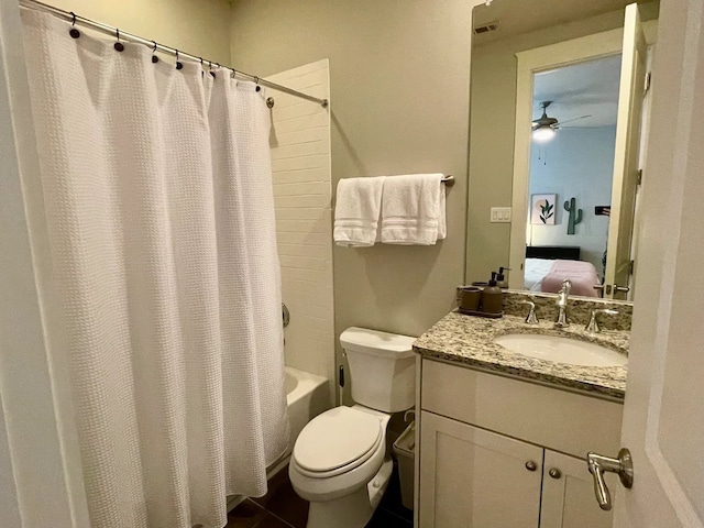 full bathroom featuring toilet, tile patterned flooring, shower / tub combo, vanity, and ceiling fan