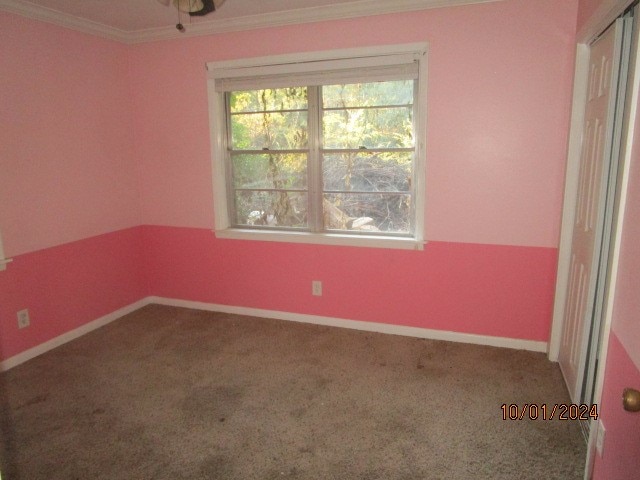 carpeted empty room with ornamental molding and ceiling fan