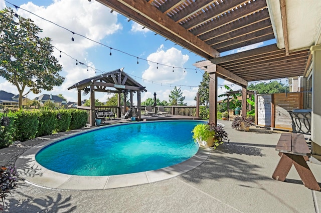 view of pool featuring a gazebo, a pergola, and a patio