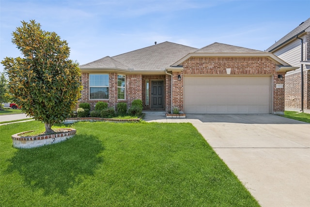 single story home with a garage and a front yard