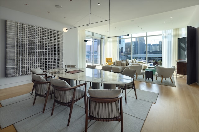 dining space with light hardwood / wood-style flooring and expansive windows