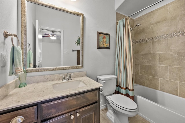 full bathroom featuring ceiling fan, vanity, toilet, and shower / bathtub combination with curtain