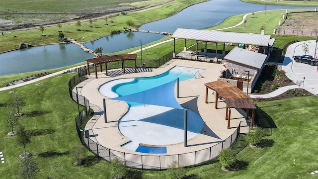 view of swimming pool with a water view, a hot tub, and a patio area