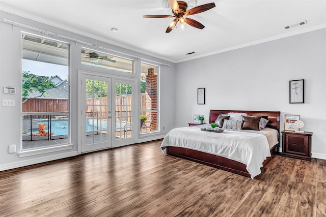 bedroom with ornamental molding, ceiling fan, hardwood / wood-style floors, french doors, and access to outside