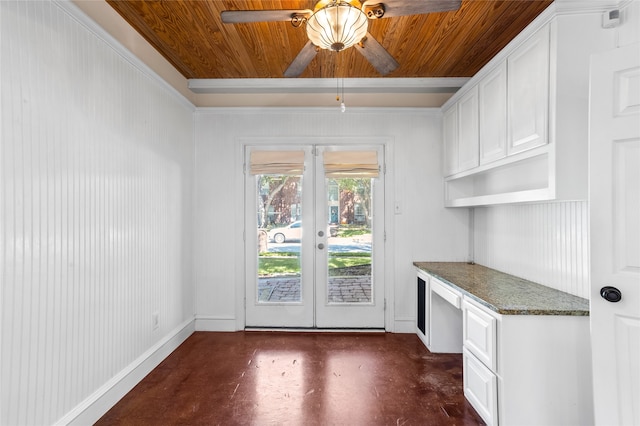 doorway to outside with built in desk, ornamental molding, ceiling fan, wooden ceiling, and french doors