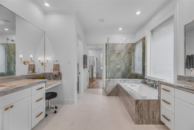 bathroom featuring vanity, separate shower and tub, crown molding, and a notable chandelier