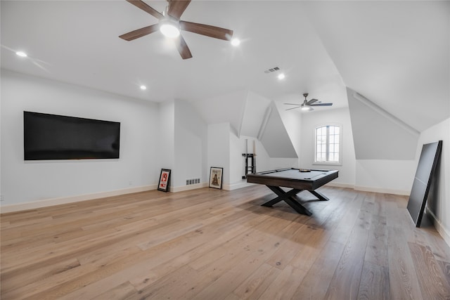 playroom with light wood-type flooring, vaulted ceiling, ceiling fan, and billiards