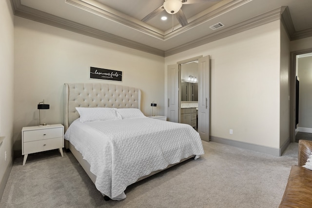 bedroom featuring connected bathroom, carpet, ceiling fan, and crown molding