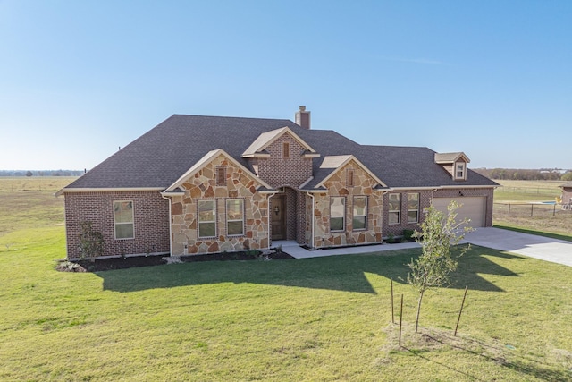 view of front of home with a front lawn and a garage