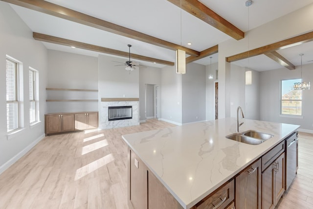 kitchen featuring a kitchen island with sink, sink, pendant lighting, and plenty of natural light