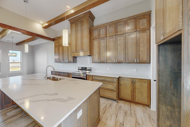 kitchen featuring beam ceiling, sink, stainless steel range with electric cooktop, and a large island