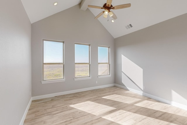 empty room with ceiling fan, light hardwood / wood-style flooring, beamed ceiling, and high vaulted ceiling