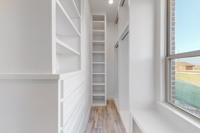 walk in closet with light wood-type flooring